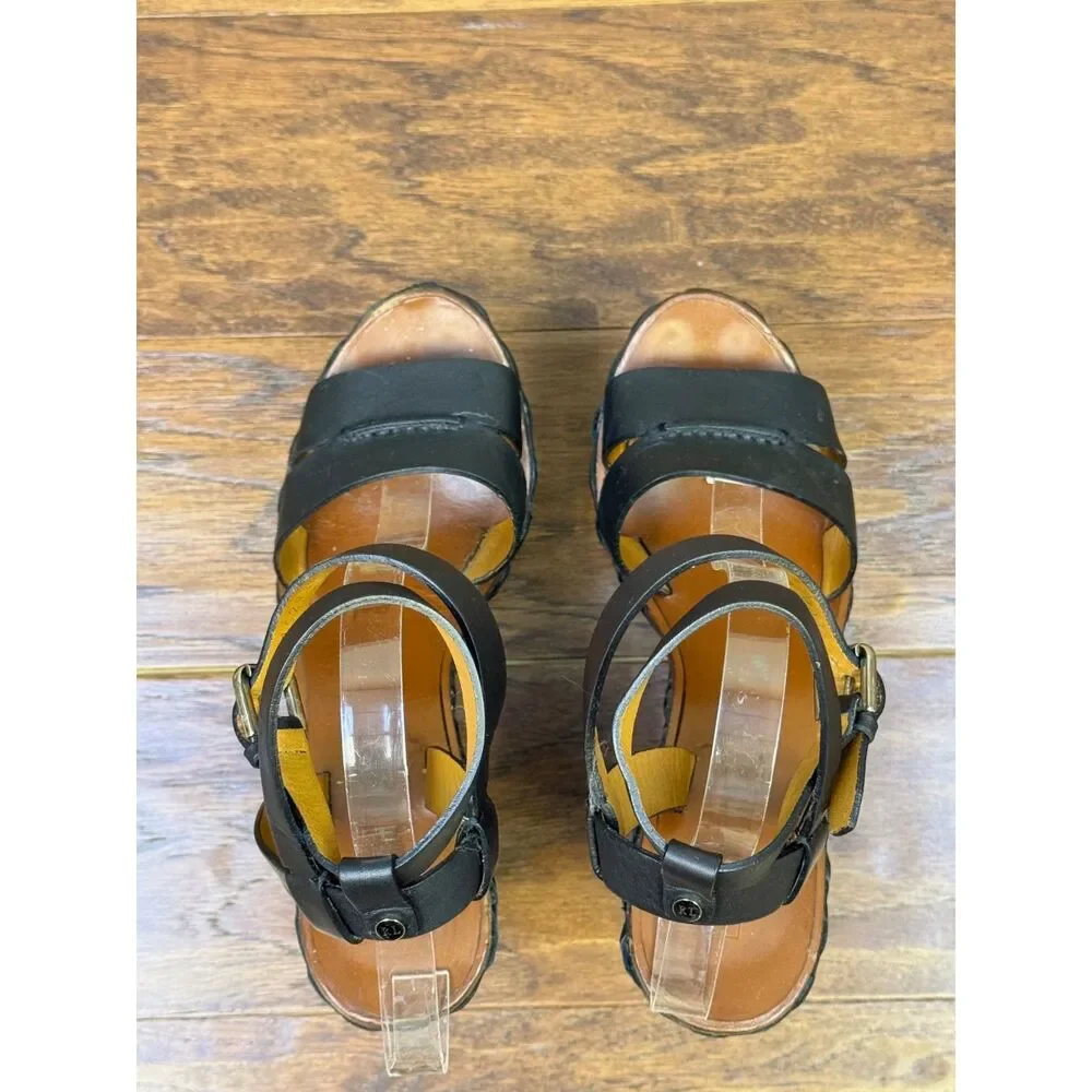 RALPH LAUREN COLLECTION Black/Brown Rattan Ankle Strap Platform Wedges, Sz 8.5B